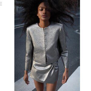 NWT ZARA Cropped Jacket With Lamination Bloggers Fave Silver Festive XS Oversize